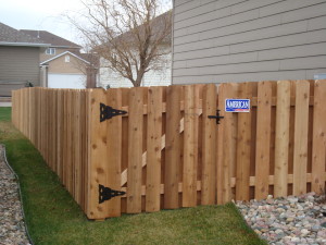 Wood board on board fence, residential backyard
