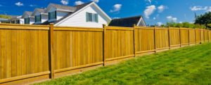A pine privacy fence running across and bright green yard