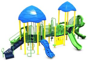 Playground equipped with multiple slides, ladders and play features
