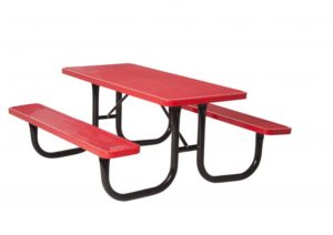Red rectangular picnic table with attached benches