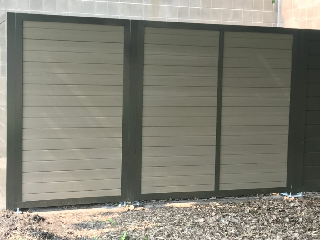 Woodland Select weathered cedar vinyl solid screen enclosure