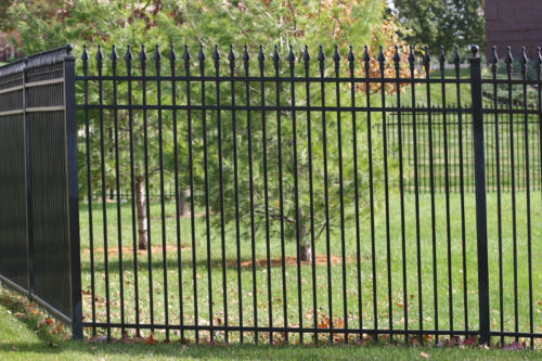 6-8 foot tall black custom ornamental iron fence enclosing garden