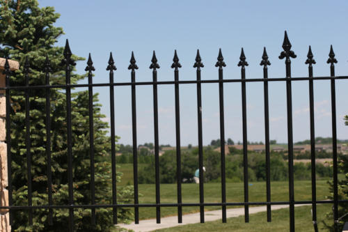 6-8 foot tall ornamental black iron fence with posts standing 3-6 inches taller than other rods
