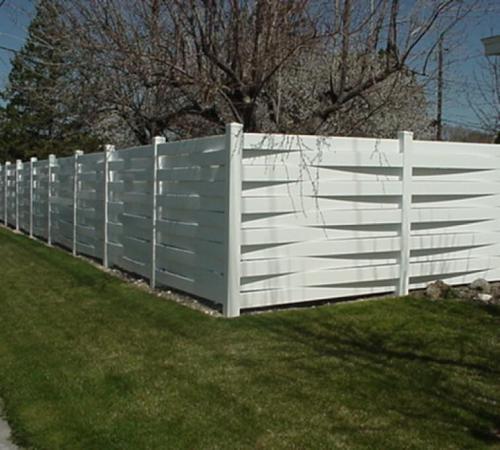 6-8 foot tall basket weave white vinyl fence