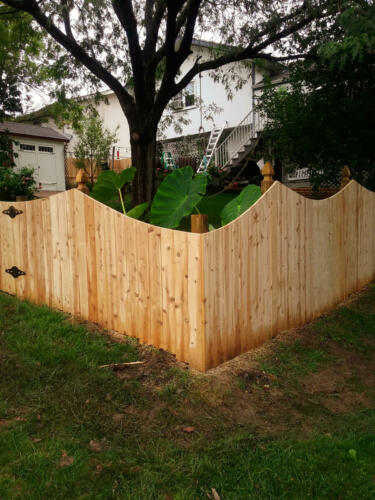 6-8 foot tall underscalloped pattern privacy wooden fence with similarly styled single swing gate